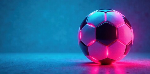 Naklejka premium Abstract glowing neon colored soccer ball against a bright blue sky, atmosphere, ball, sport