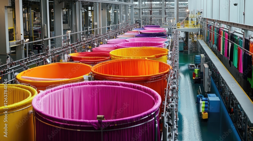 Aufkleber a high-tech textile processing plant with automated machines dyeing fabric in large tanks.