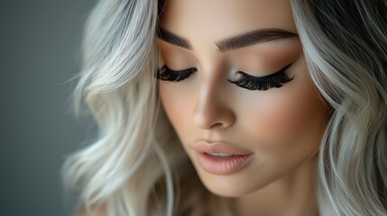 Naklejka premium Woman with long wavy jet blond hair, closed eyes, full mink lashes, and glam makeup