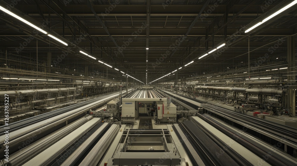 Poster a large-scale textile processing plant with machines weaving fibers into fabric.