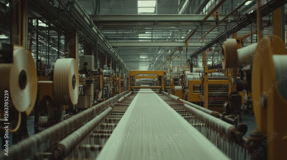 Poster a large-scale textile processing plant with machines weaving fibers into fabric.