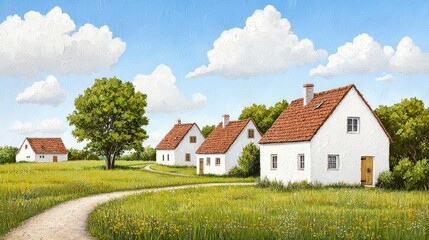 Charming White Houses in Lush Green Field with Blue Sky and Fluffy Clouds