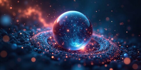 Abstract technology particles swirling around a holographic sphere in space, glow, orb, particle
