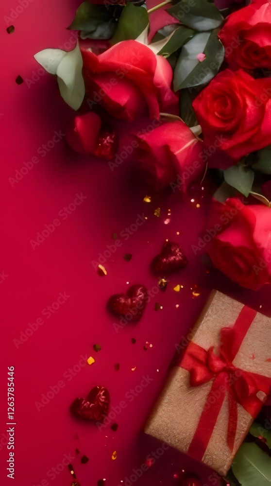 Wall mural Red roses, gift, hearts, confetti on red background.