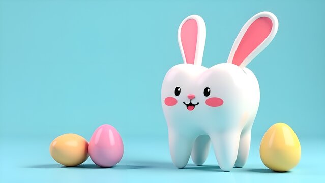 Easter stylized tooth decorated in the form of funny characters with rabbits. smiling. blue background. Near mini coloured Easter eggs. dental and Easter