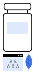 Bottle with blank label, browser window displaying user icons, and a blue leaf. Ideal for healthcare, wellness, organic products, supplements, digital communities, networking abstract line flat