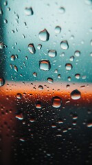 Water droplets on glass create a blurred view of a colorful background during a rainy day