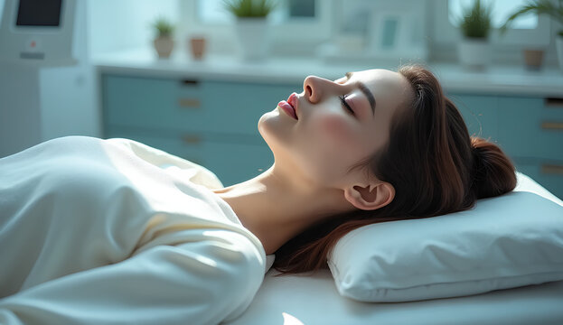 Mujer joven acostada en una camilla m&eacute;dica, preparada para un procedimiento est&eacute;tico. Expresi&oacute;n relajada, lista para cirug&iacute;a pl&aacute;stica o tratamiento de belleza. Cirug&iacute;a Est&eacute;tica.