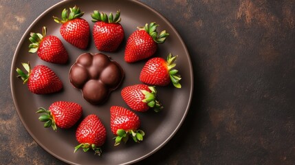 Fresh Strawberries Arranged Around Chocolate Center on Brown Plate