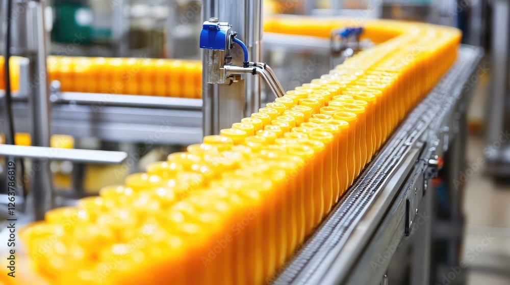 Poster a modern factory with an automated assembly line producing packaged frozen foods.