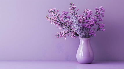 A serene arrangement of purple flowers in a lavender vase against a soft purple backdrop