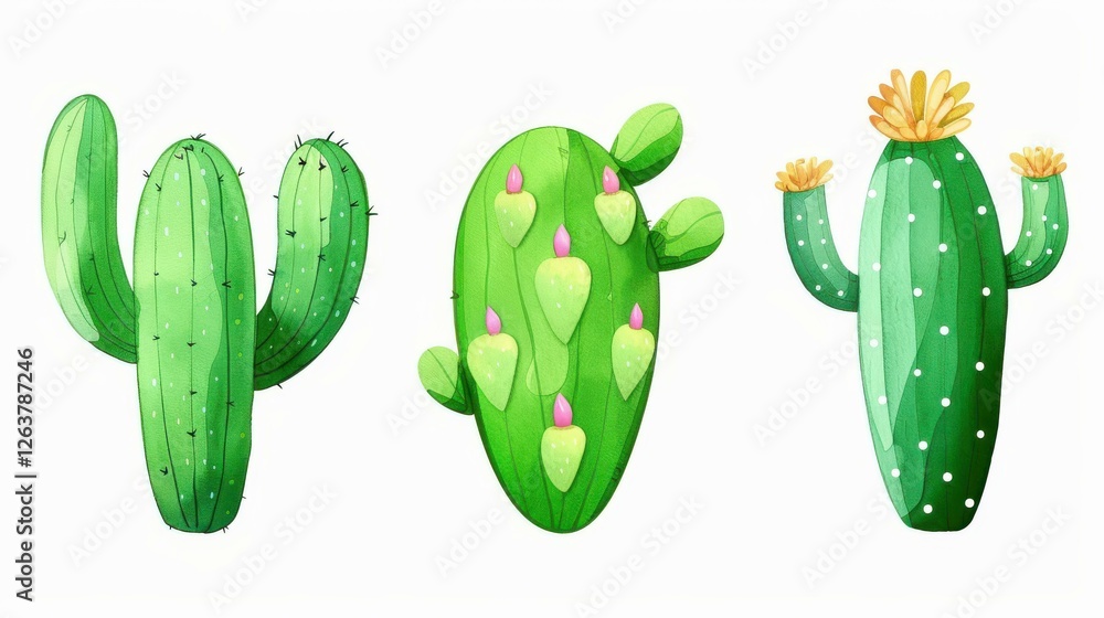 Poster a stunning array of watercolor cacti, showcasing unique shapes and sizes against a clean white backd