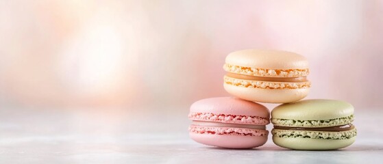 Sweet macarons on table, soft background. Food blog, recipe