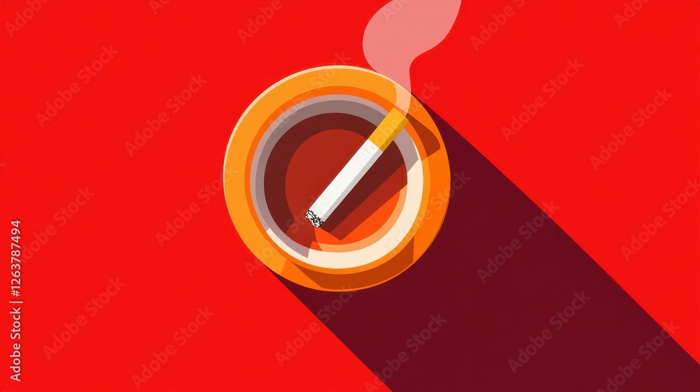 Poster a minimalist vector graphic of an ashtray with a cigarette, presented in a flat 2d style on a clean 