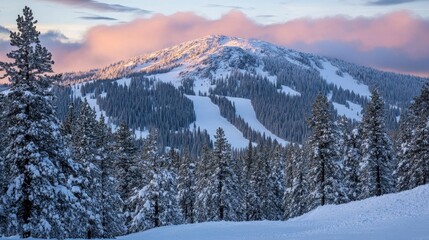Fototapeta premium A mountain peak covered in fresh snow, surrounded by clouds at sunrise.