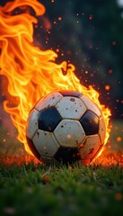 Fototapeta premium A football is engulfed in a blaze on a hot day, fire, ball, flames