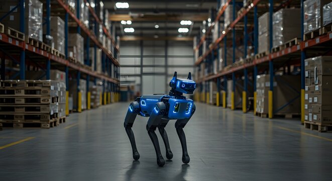 Modern blue robot dog in a large warehouse setting with high shelves work dark smart floor future