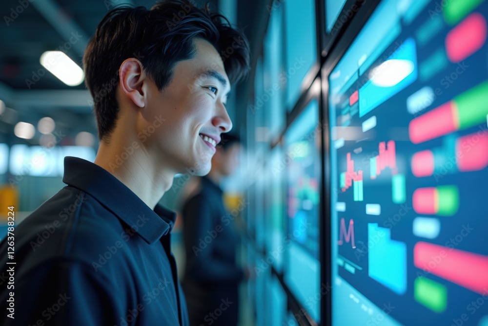 Poster young asian male data analyst engaged with digital interface in high-tech workspace featuring a mode
