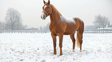 A serene scene of a pregnant chestnut horse standing gracefully in a snowy field on a crisp winter morning.