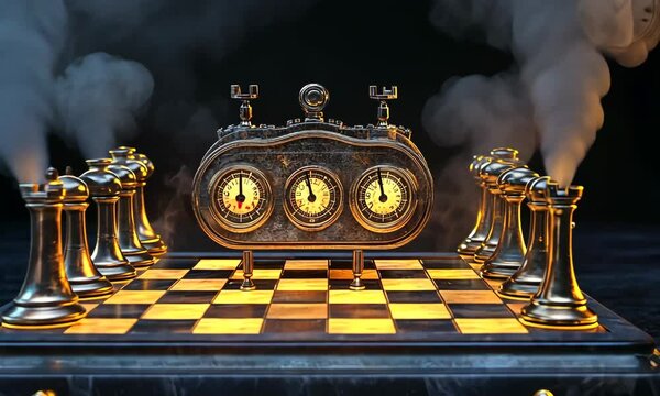 Antique Chess Timer on Board Surrounded by Mystical Smoke Effects with ai generated.