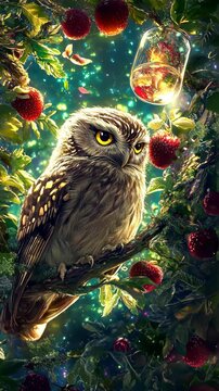 Owl perched on a branch surrounded by berries and a glowing lantern in a magical forest setting