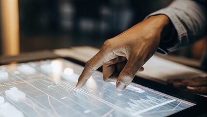 A closeup of fingers tapping on a holographic interface showing dynamic data changing in realtime as the analyst manipulates the 3D models.