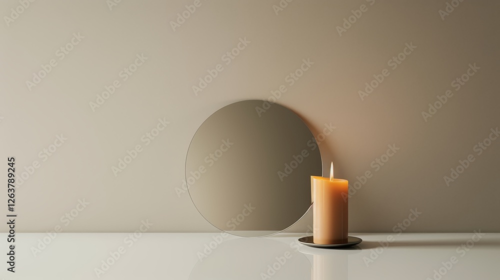 Poster a single lit candle placed on a reflective surface next to a round mirror, creating a warm and seren