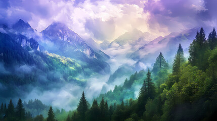 Fototapeta premium Impressionistic mountain scene with clouds above in forest green, purple, gray & blue- digital art, illustration, artwork, design,. Emerald Mist Valleys. Illustration
