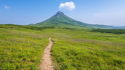 Fototapeta premium Hiking trail leads to volcanic peak, wildflowers bloom, summer landscape, travel poster