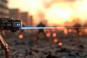 A robotic arm fires a laser amidst urban ruins, symbolizing the stark contrast between technology and destruction, representing innovation in chaotic environments.