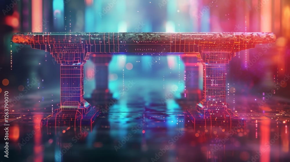 Poster a glowing futuristic table with intricate digital patterns, illuminated in vibrant neon hues, set ag
