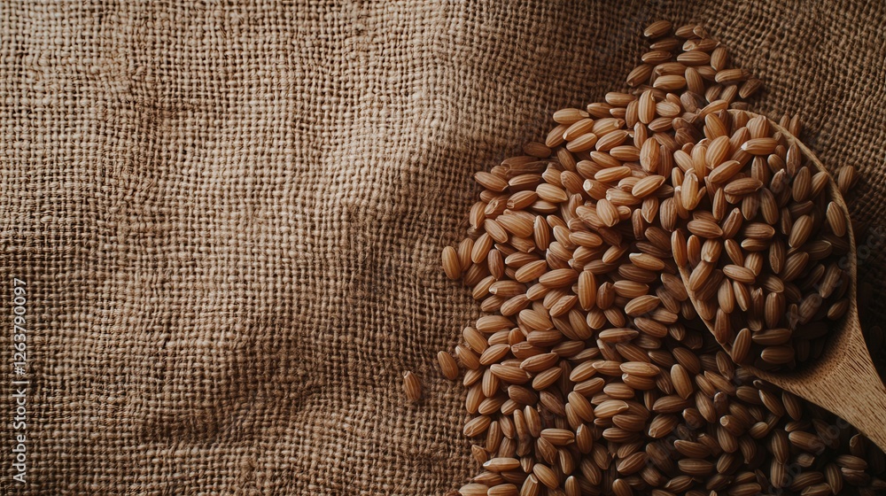 Poster natural raw grains on textured fabric background in rustic setting
