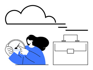 Woman steering a wheel under a cloud with a minimalist briefcase nearby. Ideal for mobility, work-life balance, travel, cloud-based productivity, transport, career growth, abstract line flat metaphor