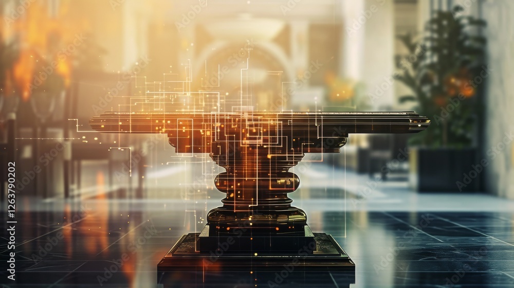 Poster abstract image of a glowing pedestal surrounded by intricate digital patterns, reflecting futuristic