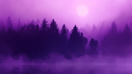 Violet fog and emerald treeline abstract design. Emerald Mist Valleys. Illustration