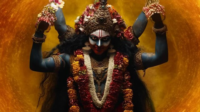 Powerful depiction of Hindu goddess Kali with multiple arms, ornate headdress and jewelry, amidst smoke and falling flower petals. Divine feminine energy, destruction and creation in Hinduism