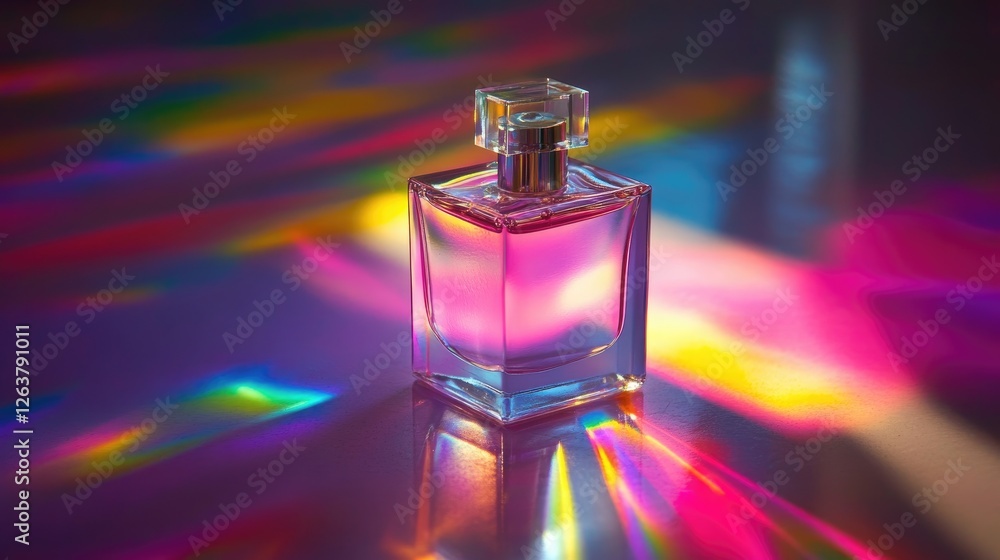 Poster a transparent perfume bottle with light passing through, creating a colorful prism effect.