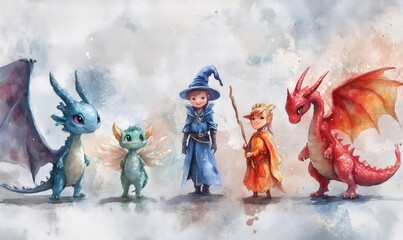 Adorable dragons and fantasy characters are posing together in this whimsical watercolor painting, evoking a sense of childhood wonder and magic