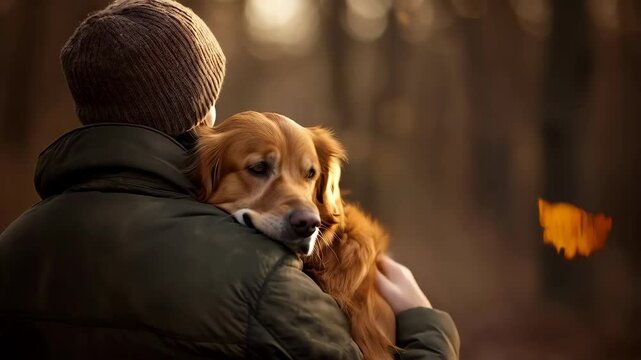Man hugging golden retriever dog in forest during autumn. Heartwarming bond between human and pet. Concept of companionship, loyalty and unconditional love, with copy space