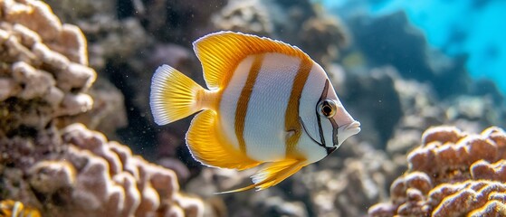 Tropical fish swims near coral reef. Underwater scene. Ocean life
