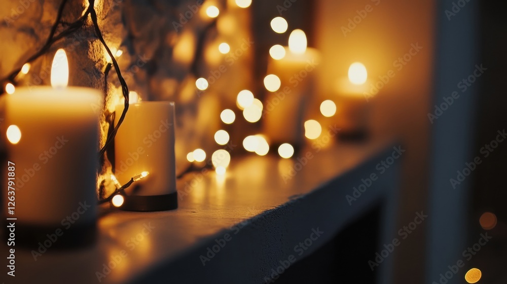 Poster cozy evening ambiance with lit candles and warm fairy lights creating a relaxing atmosphere in a liv