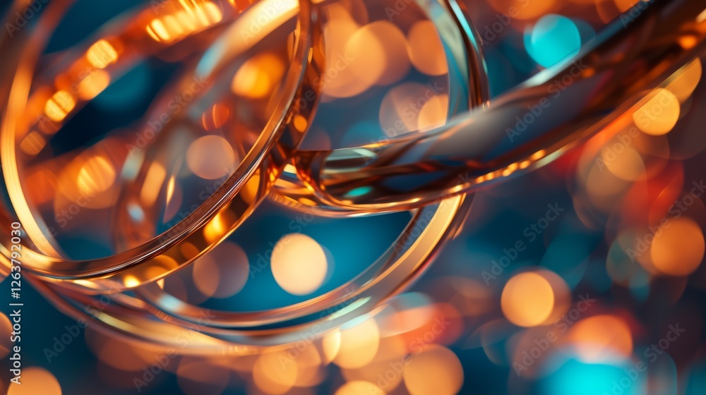 Aufkleber close-up of intertwined golden rings illuminated by vibrant orange and teal bokeh lights, creating a