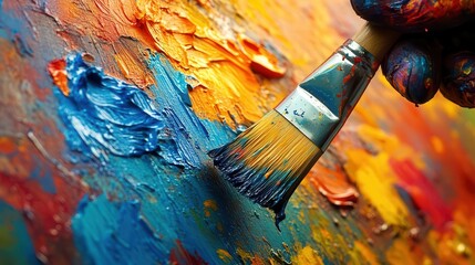 Fototapeta premium Artistic expression, close-up of a paint-splattered hand holding a brush, colorful background