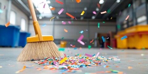 Broom sweeping confetti pile in warehouse or factory after party or event