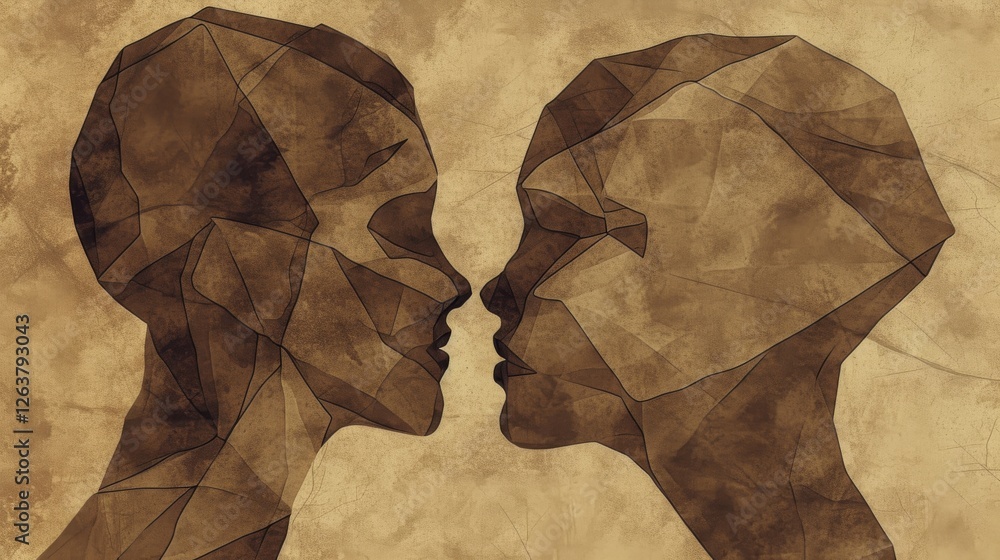Poster artistic rendering of two abstract human profiles in geometric patterns with a vintage brown color p
