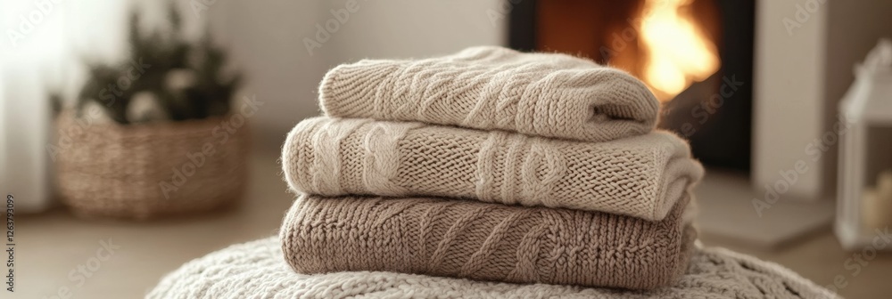 Poster cozy knitted blankets stacked near a warm fireplace in a rustic living space with natural light. gen