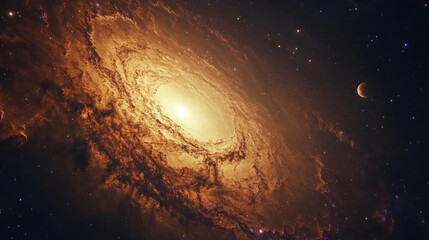 Fototapeta premium A mesmerizing deep-space view, a giant swirling nebula with intense golden flares, distant planets shrouded in mist