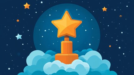 Golden star award rising above clouds in a night sky.