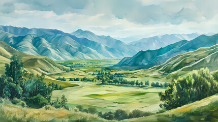 A serene and picturesque landscape of the tagab valley in kapisa province, afghanistan, with rolling hills of emerald green, a gentle mist veiling the terrain. Emerald Mist Valleys. Illustration