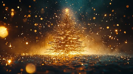 Naklejka premium Glowing Christmas tree in snowy night, magical holiday scene, festive background ideal for cards